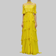 Chiffon  High Collar Short Sleeves Long A-Line Lace Dress