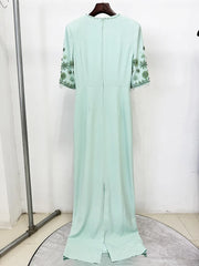 Spliced Mesh Half Sleeve Beaded Long Maxi Dress