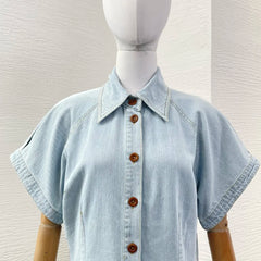 Blue Short Sleeve Jeans Denim Blouse Tops and Midi Skirt Set