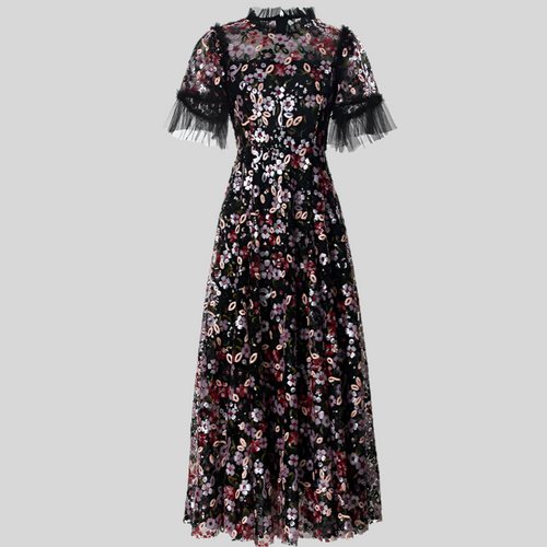 Mesh O-Neck Short Sleeves Sequins Embroidery Vintage Dresses