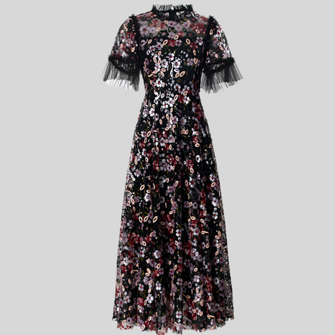 Lantern Long Sleeve Flower Printed Long Dresses With Belt