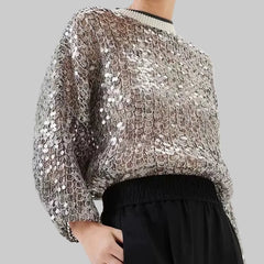 Heavy Fish Scale Sequins Hollow Round Neck Long Sleeve Top
