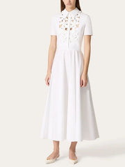 lapel hollow three-dimensional flowers short-sleeved cotton long dress