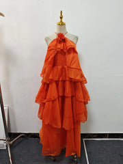Solid Spliced Ruffles Halter Sleeveless High Wasit Backless Loose Dress