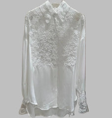 Hollow Out Lace Embroidery Turn-down Collar Single Breasted Long Sleeve Silk Top