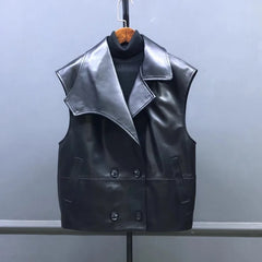 Genuine Leather  Vest Suit Collar Sleeveless Jacket Double Breasted Waistcoat