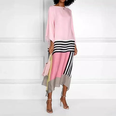 Retro Striped Print Patchwork Irregular Spring Batwing Sleeve Loose Long Dress