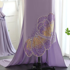 Elegant Coral Pink Scalloped Butterfly Beaded Evening Dress
