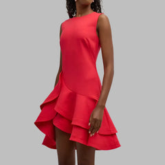Elegant Sleeveless Red Ruffled Round Neck Mini Dress
