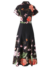 Floral Printed Lapel Long Sleeve Patchwork Button Loose Midi Dresses