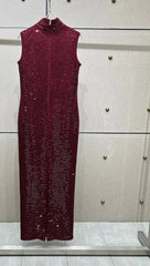 Elegant Diamonds Stand Collar Sleeveless Back Double Zipper Split Dress