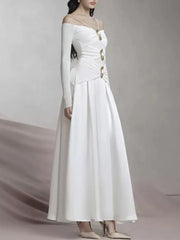 Elegant Patchwork Metal Strapless Off Shoulder Sleeve High Waist Dress