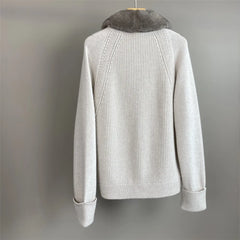 Mink Fur Collar Spliced Leather Cashmere Cardigan Jacket