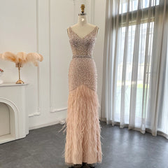 Luxury Nude Pink Dress Feathers Long Beads Gown