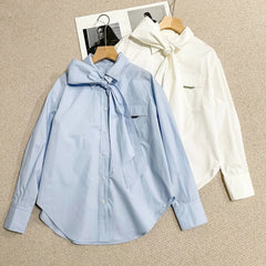 Retro Slimming And Versatile Temperament Bow-Decorated Poplin Top
