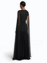 Elegant Black Chiffon With Sheer Cape Sleeves Maxi Dress