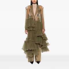 Army Green Tulle See Through Ruffle Dress