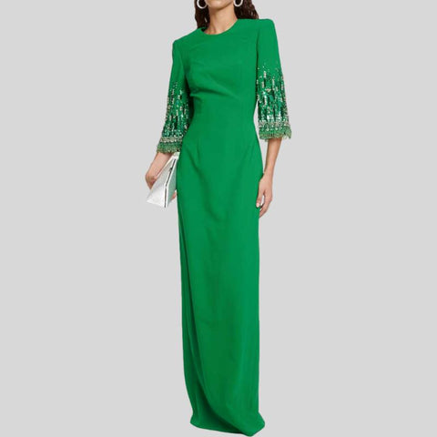 Round Neck Floor-Length A-line Feathers Rhinestone Green Gown
