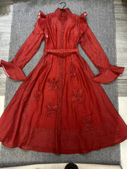 Solid Color Patchwork 3D Flowers Stand Collar Flare Sleeve High Waist Spliced Sashes Midi Dress