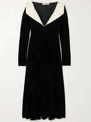 Black Velvet A-line Long Sleeves Solid Color Deep V-Neck Midi Dresses