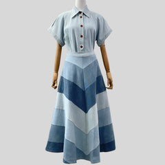 Blue Short Sleeve Jeans Denim Blouse Tops and Midi Skirt Set