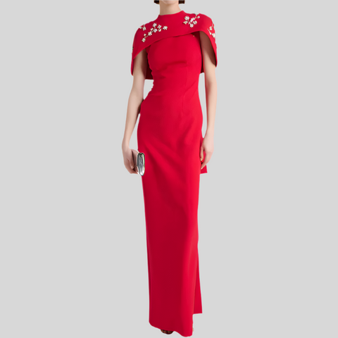 Hollow Out Embroidery Stand Collar Long Sleeve High Waist A Line Dress