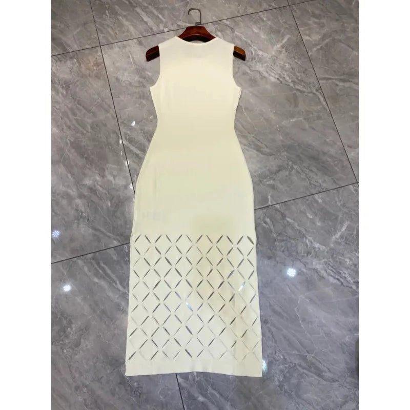 Checkered Hollow Cardigan+Long Dress Set