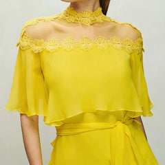 Chiffon  High Collar Short Sleeves Long A-Line Lace Dress