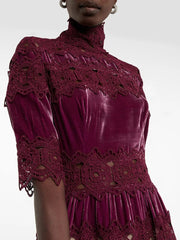 Hollow Out Embroidery Elegant Turtleneck Half Sleeve High Waist Vintage Dress