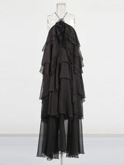 Solid Spliced Ruffles Halter Sleeveless High Wasit Backless Loose Dress