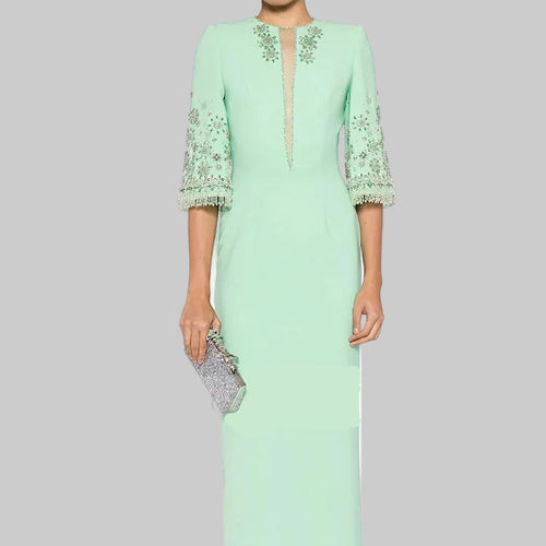 Spliced Mesh Half Sleeve Beaded Long Maxi Dress