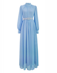 Blue Long Lantern Sleeve With Belt Elegant Slim A-Line Dress