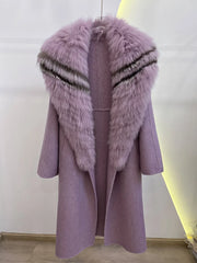 Long Wool Cashmere Blended  With Big Real Silver Fox Fur Collar Coat