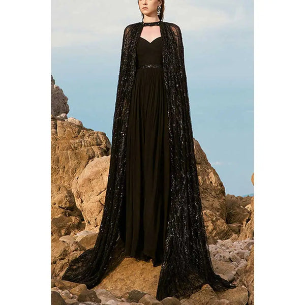 Shiny Lace Shawl Gown Elegant Floor Length Black Dress – Knot Bene