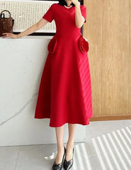 Three-dimensional rose round neck short sleeve dress