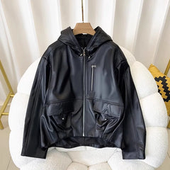 Genuine Leather Loose Hooded Jacket