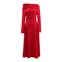 Slask Neck Flare Sleeves Waist Retraction Spliced Pleated Ankle-length Dress