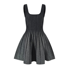 Sleeveless O-neckline Mini Short Knitted A-line Striped Dress