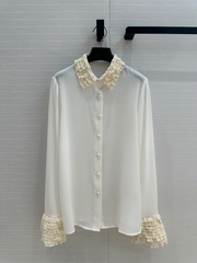 Lace hook flower hollow lotus leaf edge splicing long sleeved silk Top