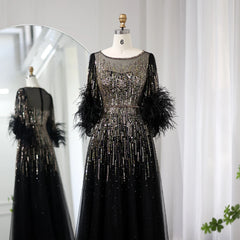 Luxury Feathers Black Half Sleeve Dress
