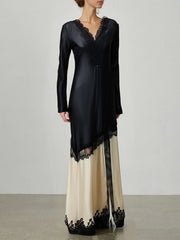 Spliced Lace Elegant V Neck Long Sleeves Dress