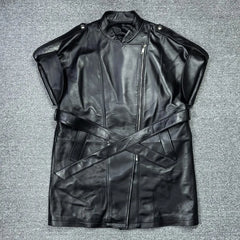 Genuine Leather Suit Collar  Short Sleeves Zipper Sashes Pocket Jackte