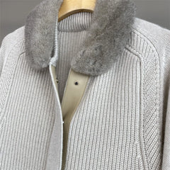 Mink Fur Collar Spliced Leather Cashmere Cardigan Jacket