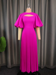 Round Neck Hollow Out Elegant Lantern Short-Sleeved High-Waisted Pleated Maxi Dress