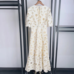 Embroidery Hollow Tie Short Sleeve Round Neck Cotton Long Dress