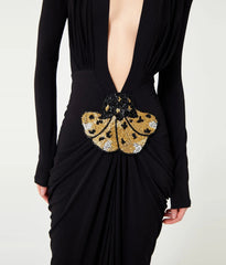 Elegant Deep V-Neck Bead Sequin Butterfly Long Sleeved Floor Long Gowns