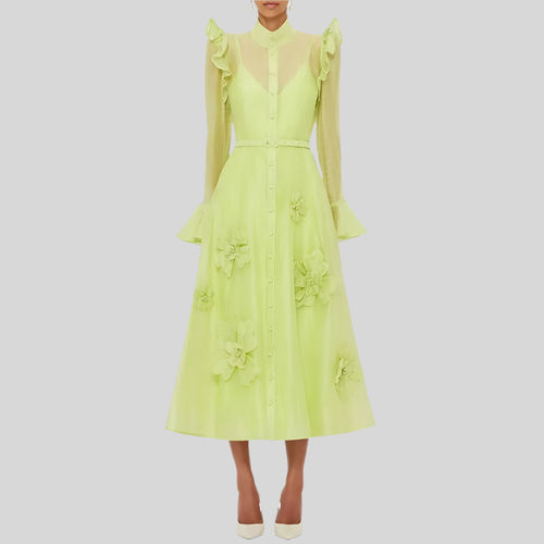 Solid Color Patchwork 3D Flowers Stand Collar Flare Sleeve High Waist Spliced Sashes Midi Dress