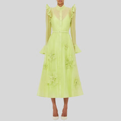 Solid Color Patchwork 3D Flowers Stand Collar Flare Sleeve High Waist Spliced Sashes Midi Dress
