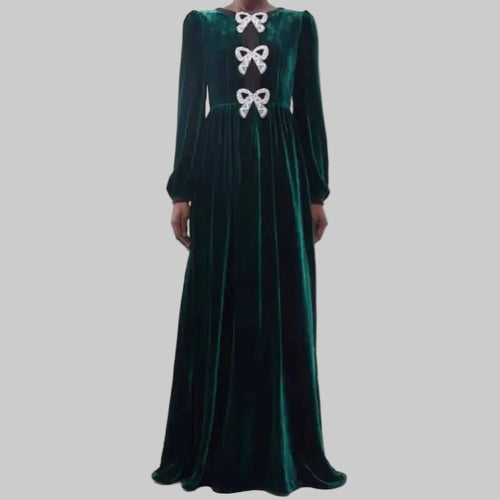Luxury Long Sleeve Floor Length Bow O-Neck Straight Dress