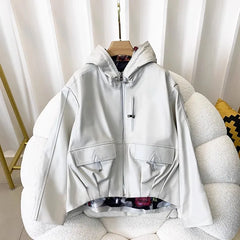 Genuine Leather Loose Hooded Jacket